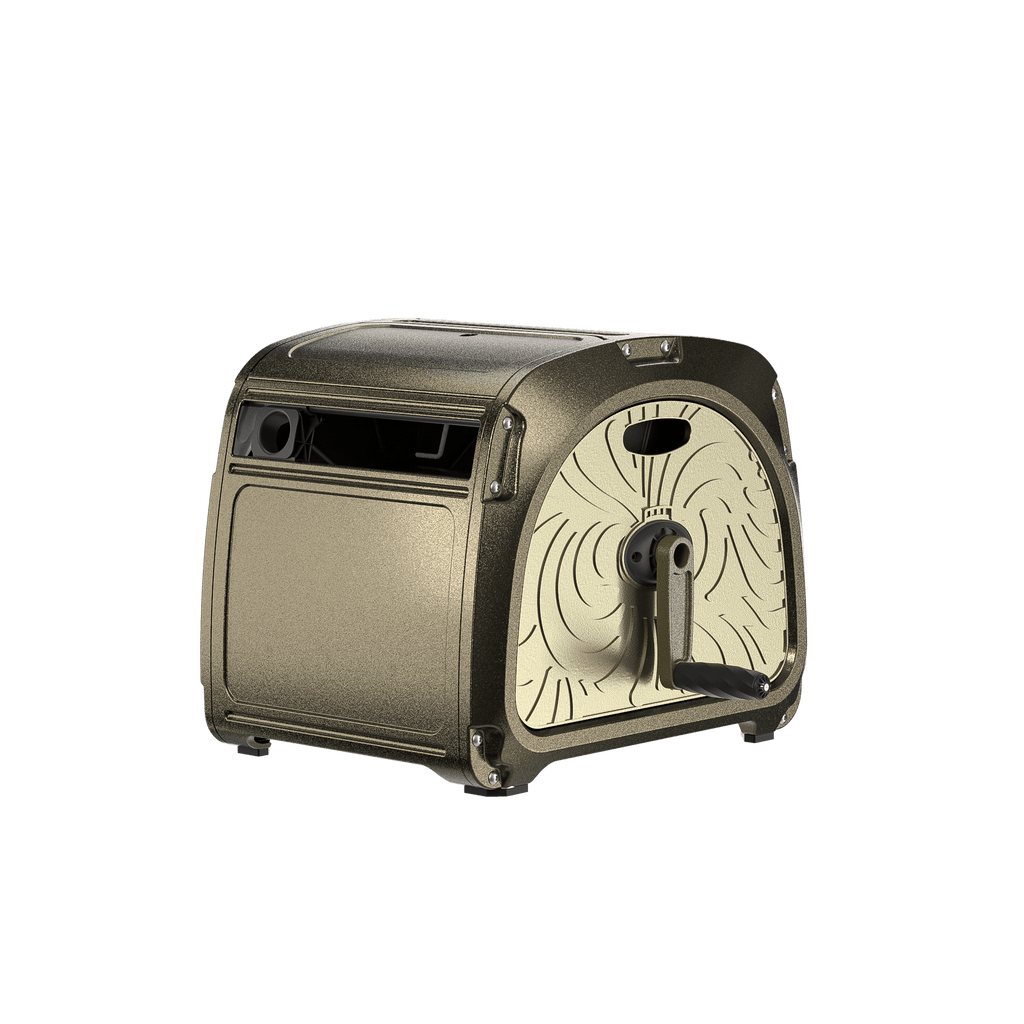 The Garden Hose Reel Box-Heavy Duty is a compact, metallic unit with a textured surface, front crank handle, and side rectangular slot, resembling a manual pencil sharpener or small metal hose storage reel.