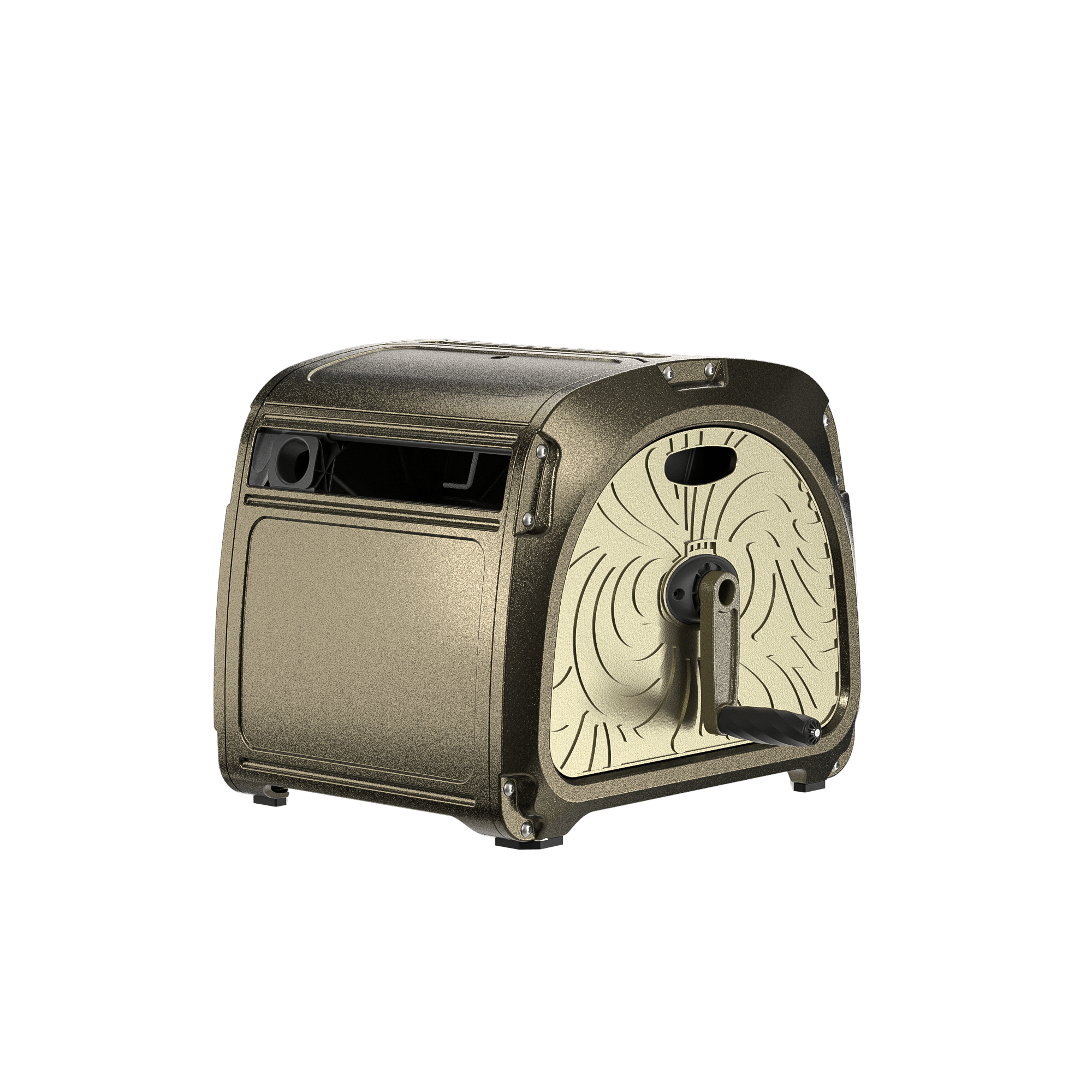 The Garden Hose Reel Box-Heavy Duty is a compact, metallic unit with a textured surface, front crank handle, and side rectangular slot, resembling a manual pencil sharpener or small metal hose storage reel.