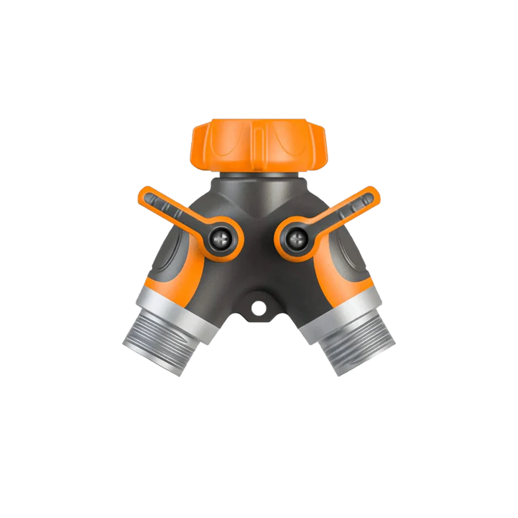 The Metal Water Hose Splitter features two rust-resistant metal connectors, orange and gray accents, and individual shut-off levers for connecting multiple hoses to a single spigot.