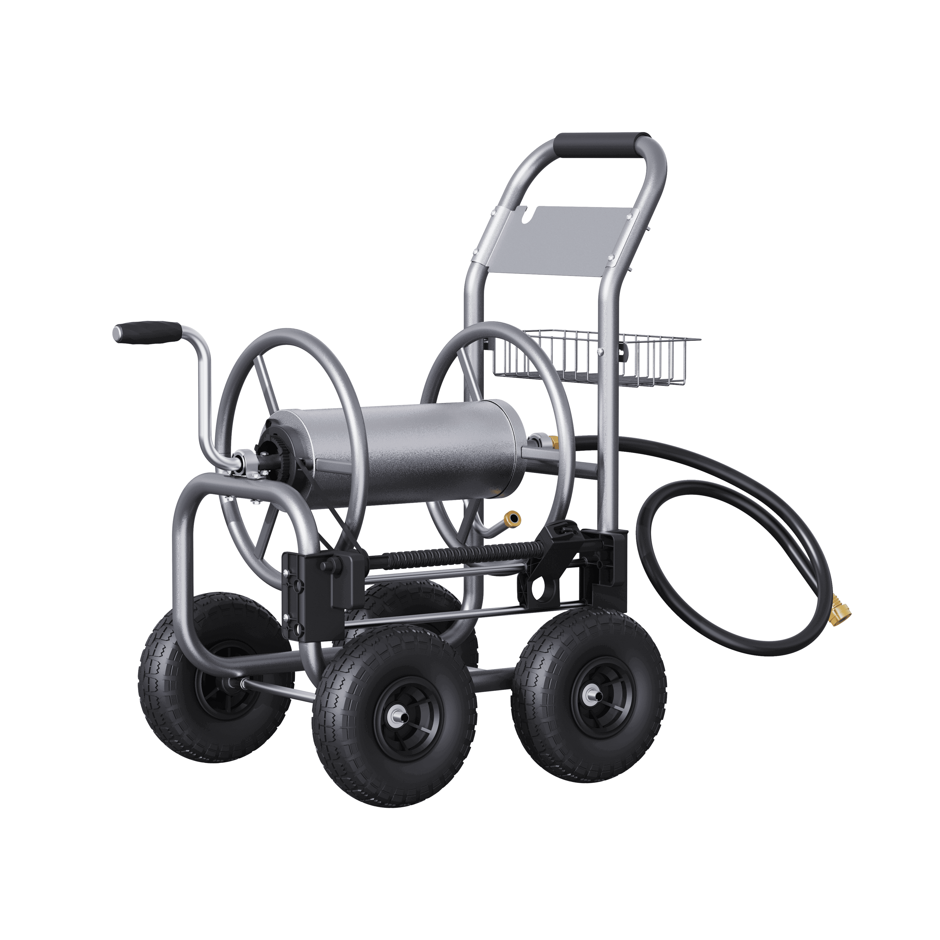The Garden Hose Reel Cart-4 Wheels-Heavy Duty features a sturdy metal frame, handle, neatly coiled 250 ft hose, spray nozzle, and a wire basket near the handle, all shown against a white background.