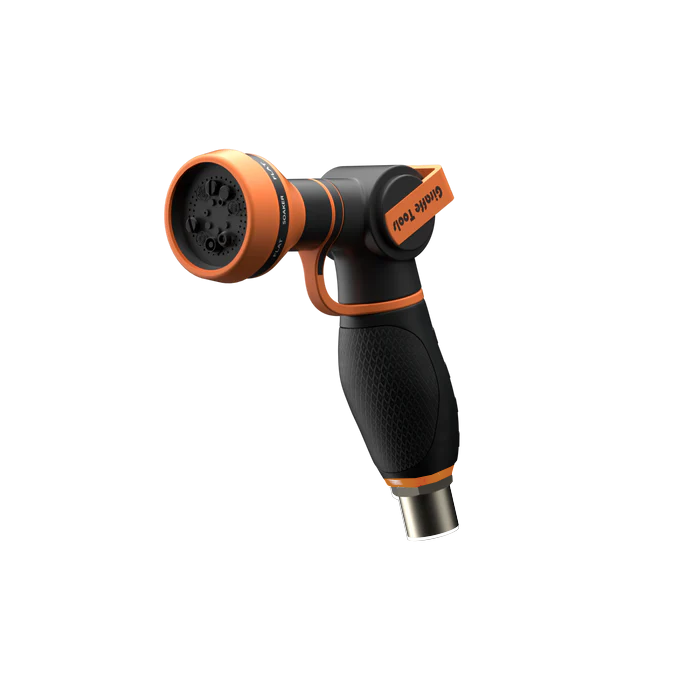 The Garden Hose Nozzle features a black and orange design, textured grip, adjustable dial for multiple spray modes labeled black+decker, and fits any garden hose.