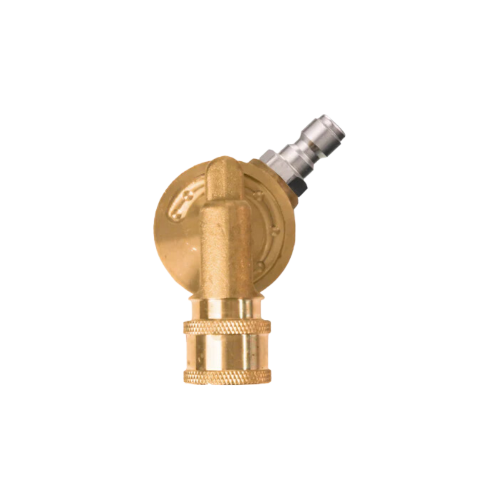 A Pressure Washer Pivoting Coupler with a silver connector and safety lock valve is shown upright on a plain white background, clearly displaying its pivot mechanism and attachment points.