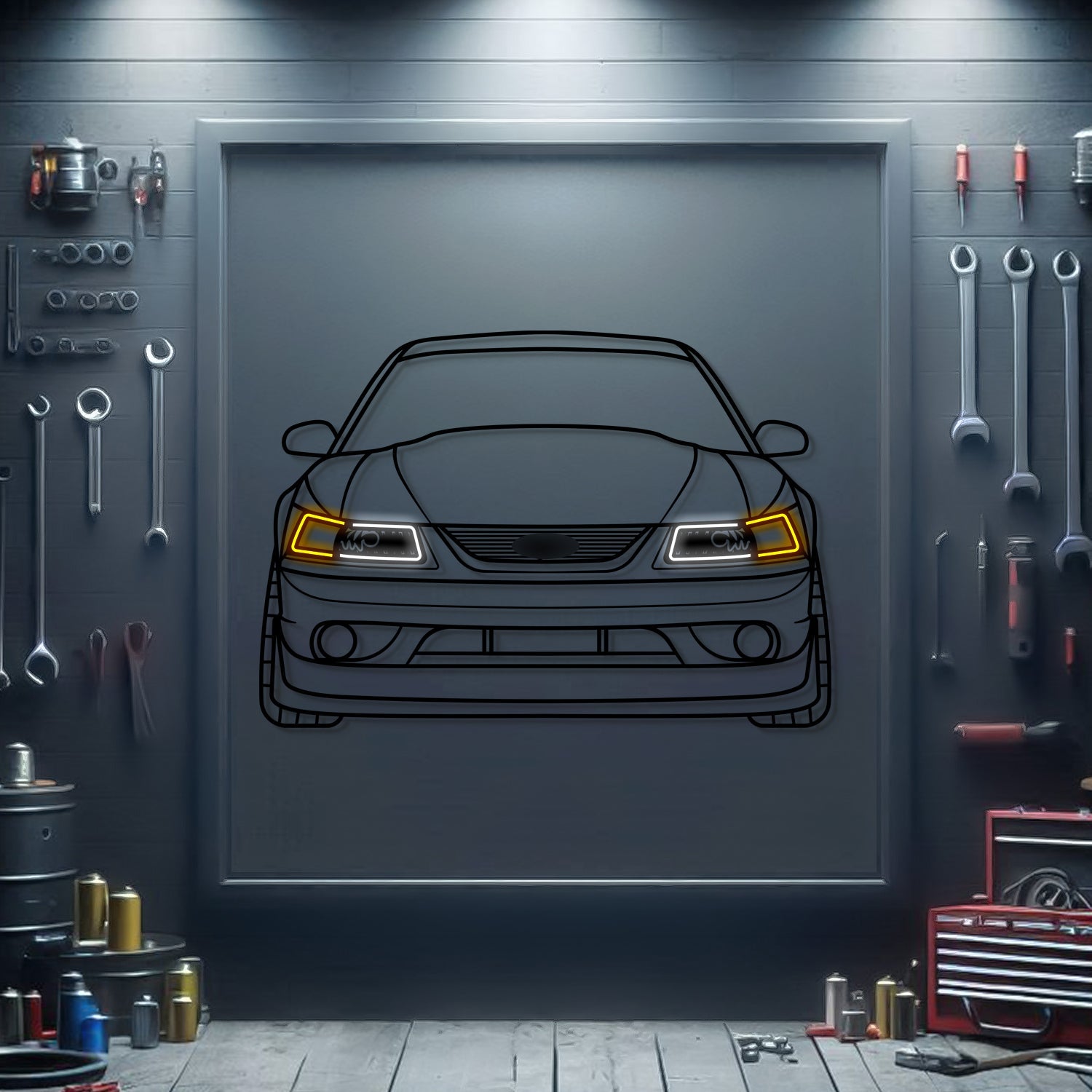 A garage wall features the 2004 Mustang Cobra SVT Front View Metal Neon Car Wall Art (MTN0243)—a sleek, minimalist piece ideal for car enthusiasts or as a unique automotive gift.