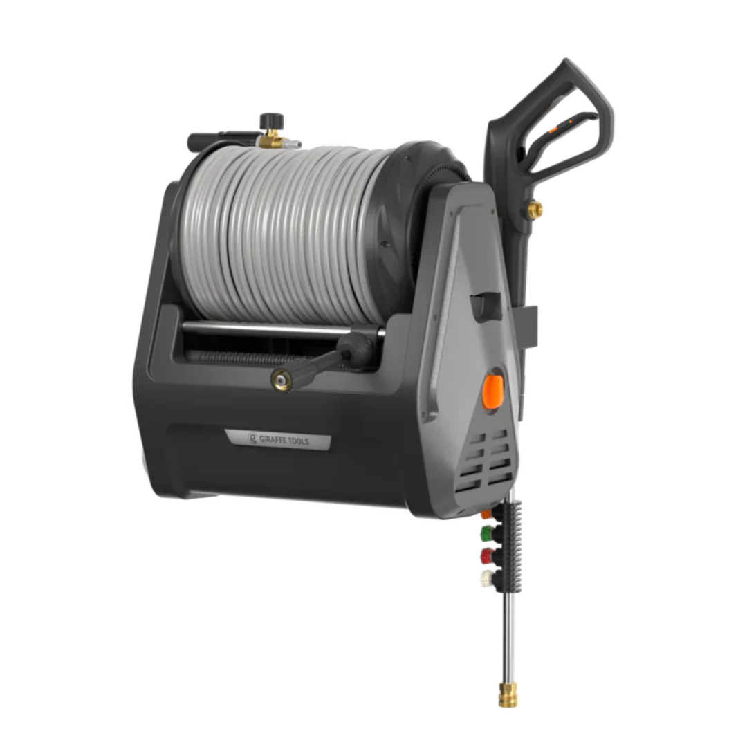 The Grandfalls Retractable Pressure Washer Plus is a black and gray wall-mounted unit with orange accents, featuring a coiled hose, spray gun, control knob, and four colored nozzles on a bottom holder.