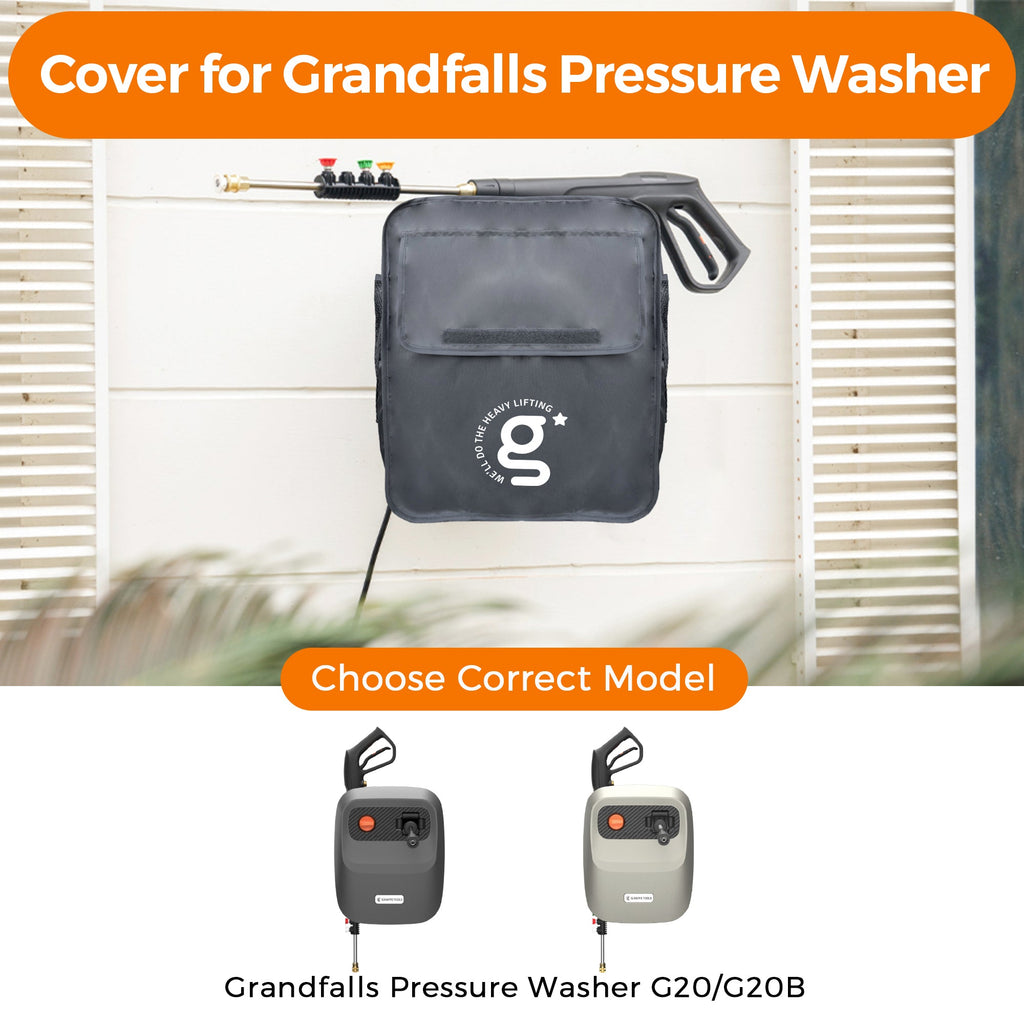 The Grandfalls Retractable Pressure Washer G20 Cover, black with the logo, hangs on a white wall-mounted shelf holding the hose and spray gun. Below are images of G20 (black) and G20B (gray), both offering extra weather protection.