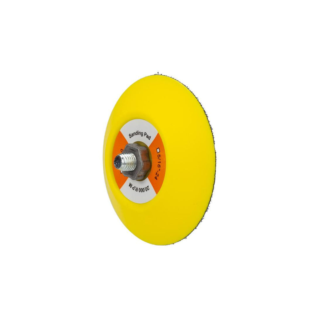 The DA Plates | M8S Series Sanding Pad is a yellow, circular pad with a central metal screw attachment for high-speed dual-action polishers. Specifications are displayed in text around the screw.