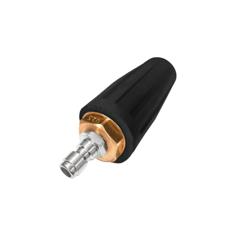 A Pressure Washer Turbo Nozzle in black and brass, featuring a stainless steel quick connector, displayed against a plain white background.