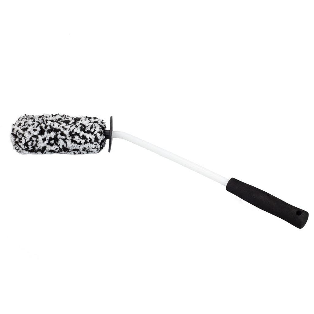The Microfiber Wheel Brush - Angled Reach features a black and white bristled cylindrical head and a black ergonomic long handle, shown isolated on a white background.