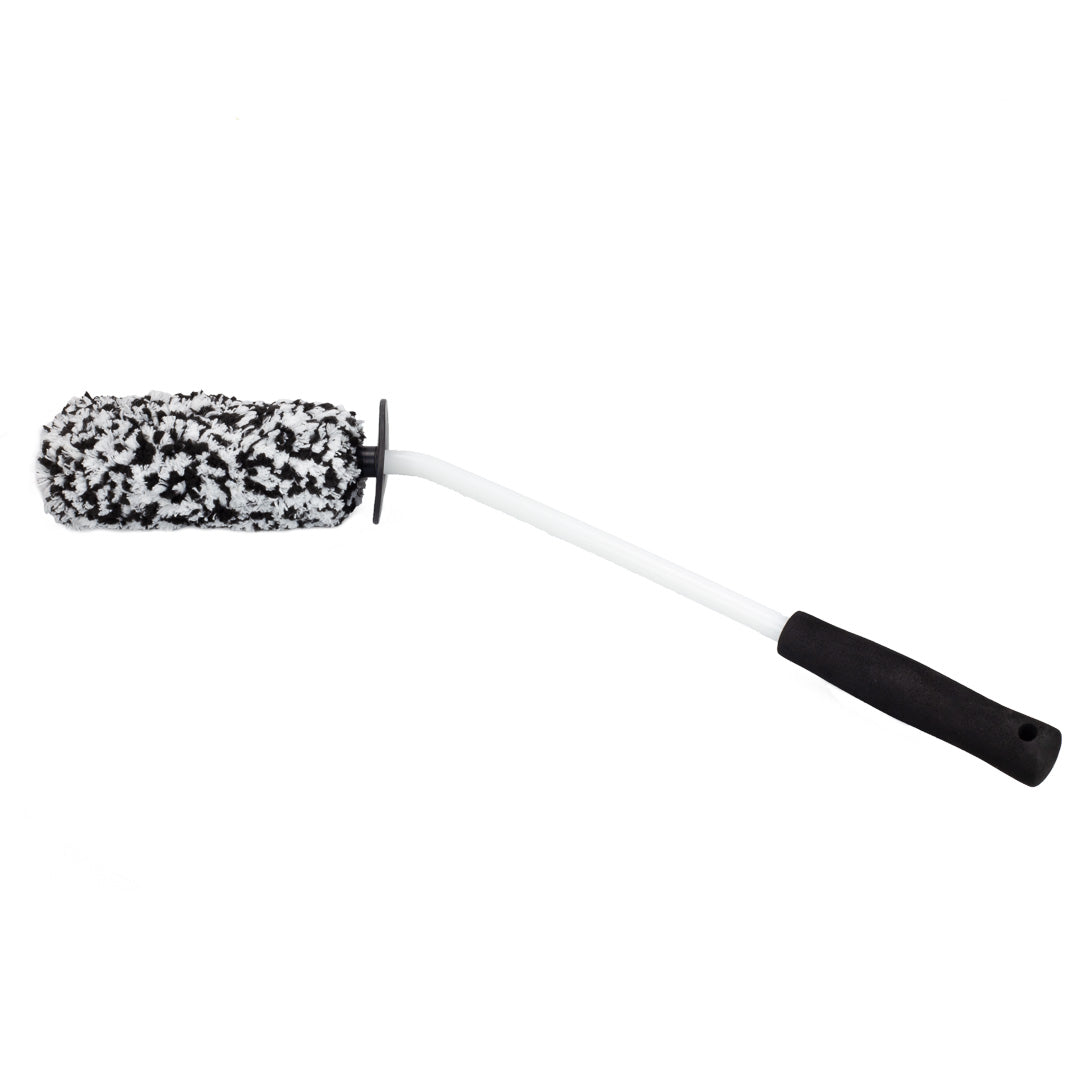 The Microfiber Wheel Brush - Angled Reach features a black and white bristled cylindrical head and a black ergonomic long handle, shown isolated on a white background.