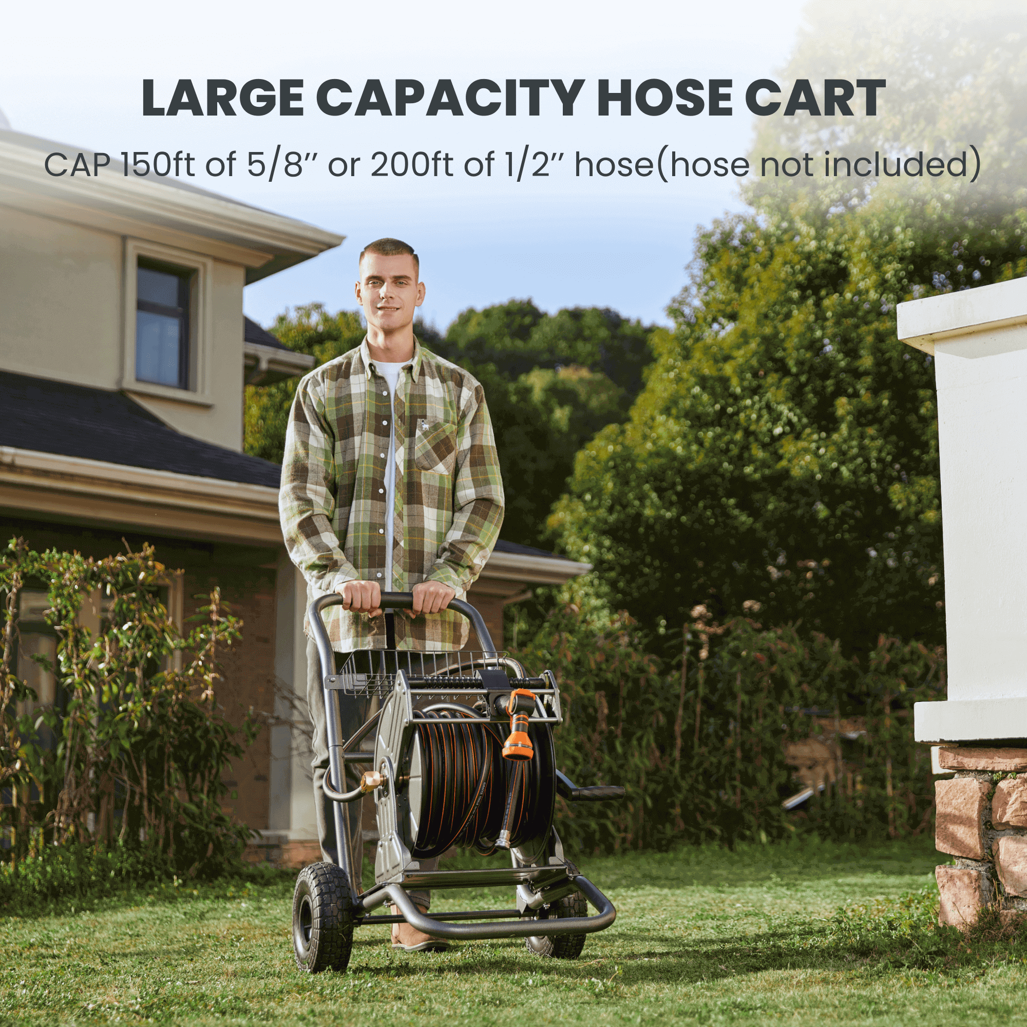 Garden Hose Reel Cart-2 Wheels-Stainless Steel-Heavy Duty