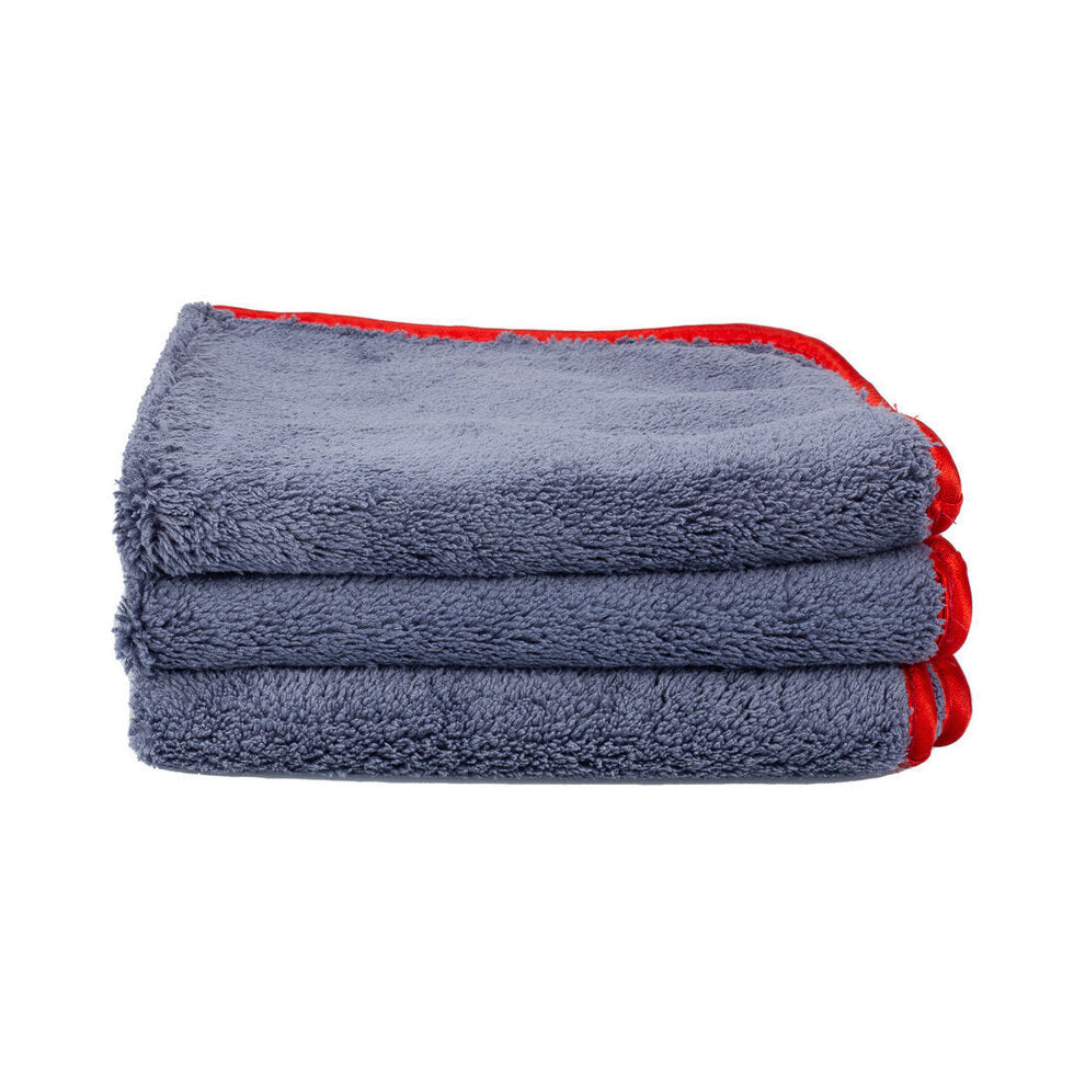 Maxshine 600GSM 16"X16" Crazy Microfiber Plush Edge Microfiber Cleaning Towel - Gray with Red Silk Border [Pack of 3]