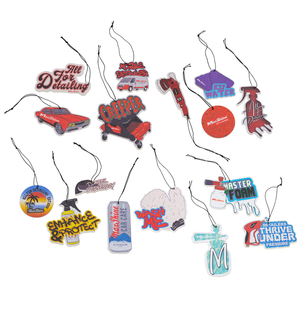 The MaxShine Air Fresheners - 16 Pack includes uniquely shaped air fresheners—cars, spray bottles, palm tree, and fun phrases—all with black hanging strings for lasting fragrance. Add a pop of color and style to your car interior.