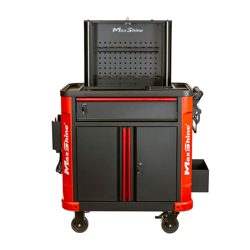 A black and red Auto Detailing Cart with Power Strip features multiple compartments, a lockable cabinet, open top section, side holders, caster wheels, and an open lid revealing a perforated pegboard.