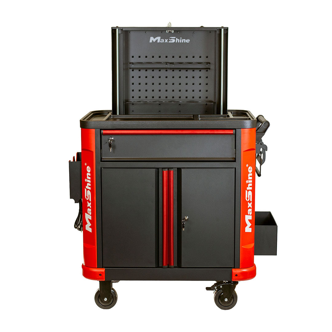 A black and red Auto Detailing Cart with Power Strip features multiple compartments, a lockable cabinet, open top section, side holders, caster wheels, and an open lid revealing a perforated pegboard.