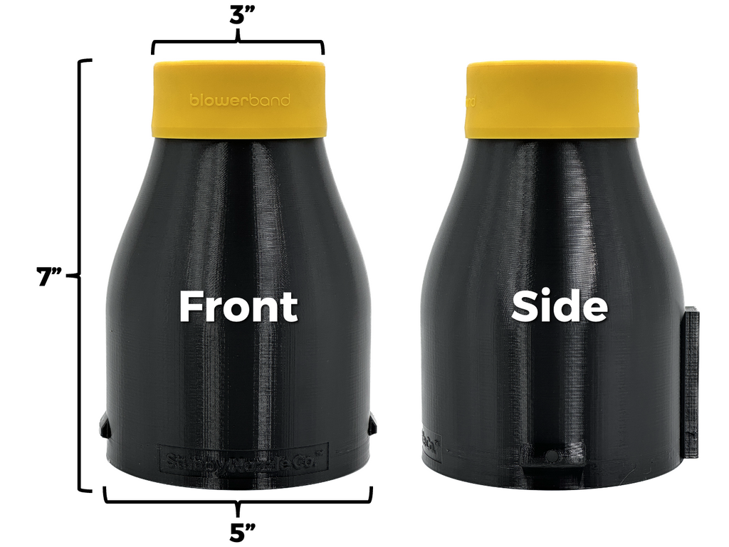 Two black STUBBY® Car Drying Nozzles for DEWALT 60V MAX leaf blowers (DCBL772B & DCBL777B), cylindrical with yellow caps, shown front and side. Size: 7" tall, 3" top dia., 5" bottom dia.