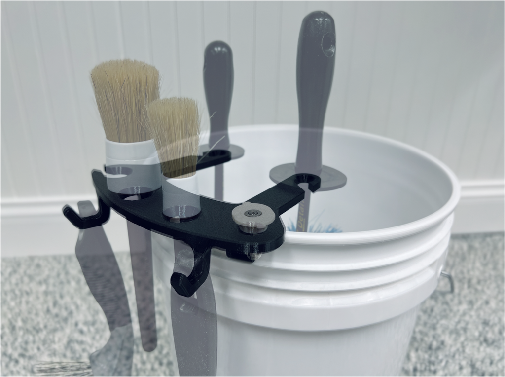 The BucketCaddy - Wheel, Tire, & Detailing Brush Organizer for 5-gallon and 6-gallon Car Wash Buckets holds detailing brushes on a speckled floor by a white paneled wall in a double-exposed image with overlapping car wash tools.