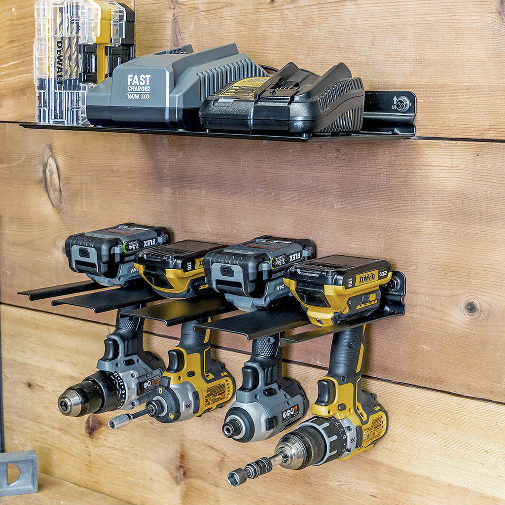 The E-Drill Power Tool Organizer with Shelf mounts on the wall to neatly store three cordless drills, battery chargers, and spare batteries together, keeping all your tools organized and easily accessible.