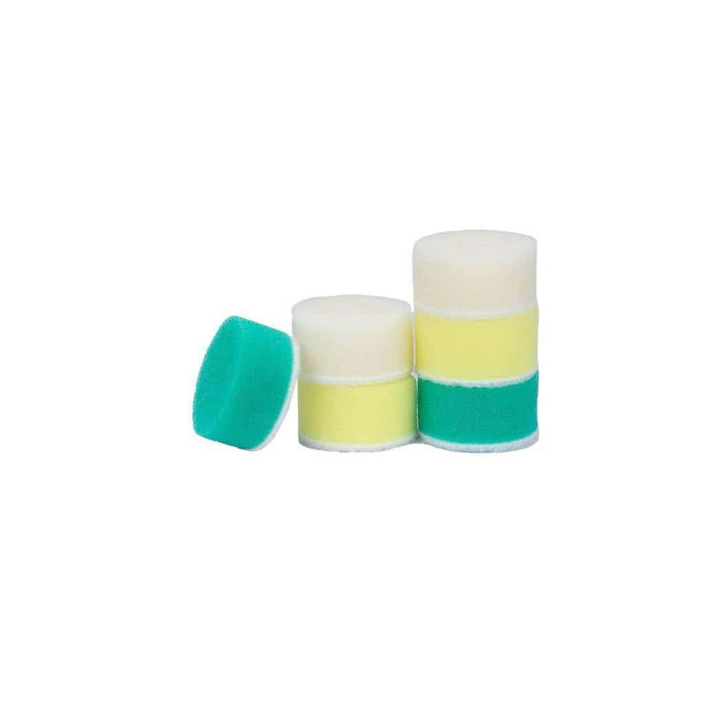 The Foam Car Polishing Pads Kit - 1in, 2in, 3in (6 Pack) features pads in white, yellow, and green—perfect for polishing small areas or as a complete car polishing solution. Pads are displayed upright and on their side against a white background.