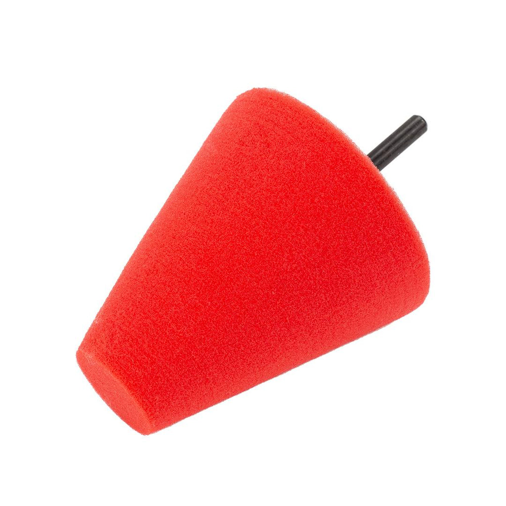 The Foam Finishing Cone Drill Brush Attachment is a red, cone-shaped polishing foam pad with a black shaft, ideal for cleaning car interiors.