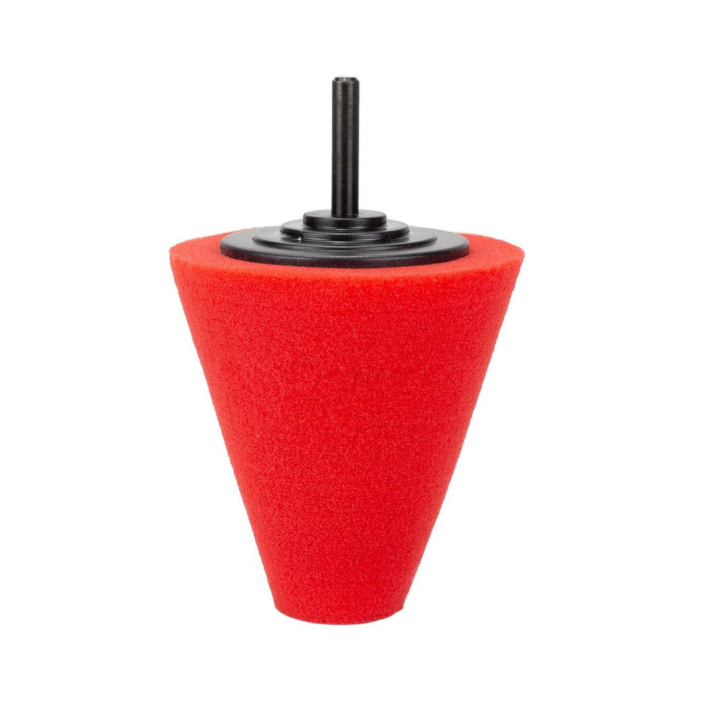 The Foam Finishing Cone Drill Brush Attachment is a red, cone-shaped polishing foam pad with a black plastic base and a drill brush top, made for effective car interior cleaning with a power drill.