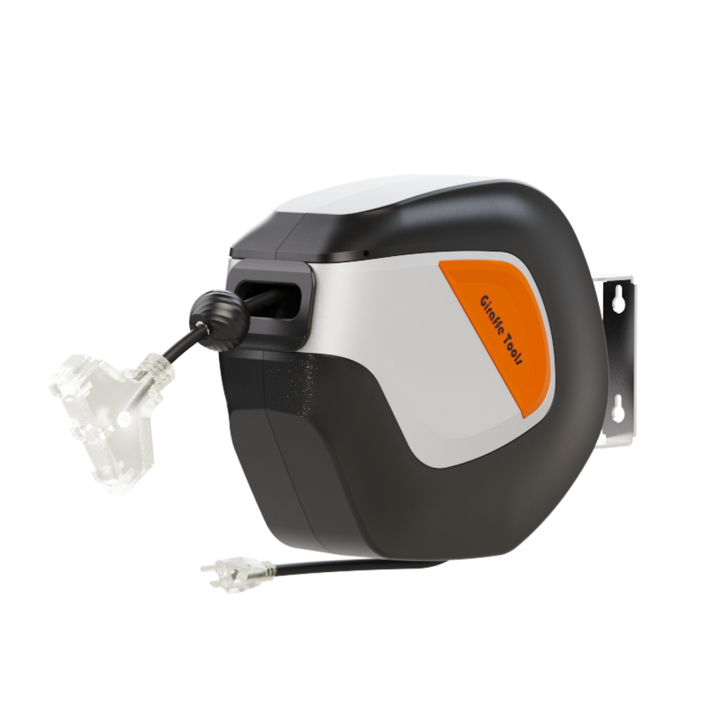 The Retractable Extension Cord Reel-12/14/16 AWG has an auto guide system, slow retraction, and a wall-mount bracket. Its black and white body features an orange Celine Tool accent, with the cord partially extended to show the plug.