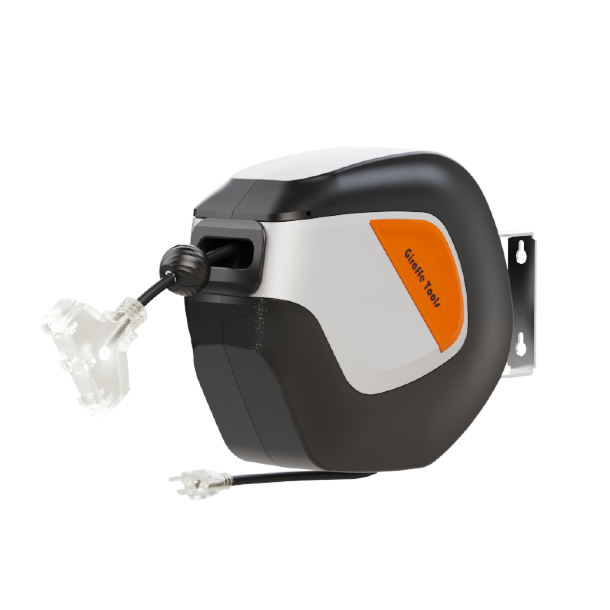 The Retractable Extension Cord Reel-12/14/16 AWG has an auto guide system, slow retraction, and a wall-mount bracket. Its black and white body features an orange Celine Tool accent, with the cord partially extended to show the plug.