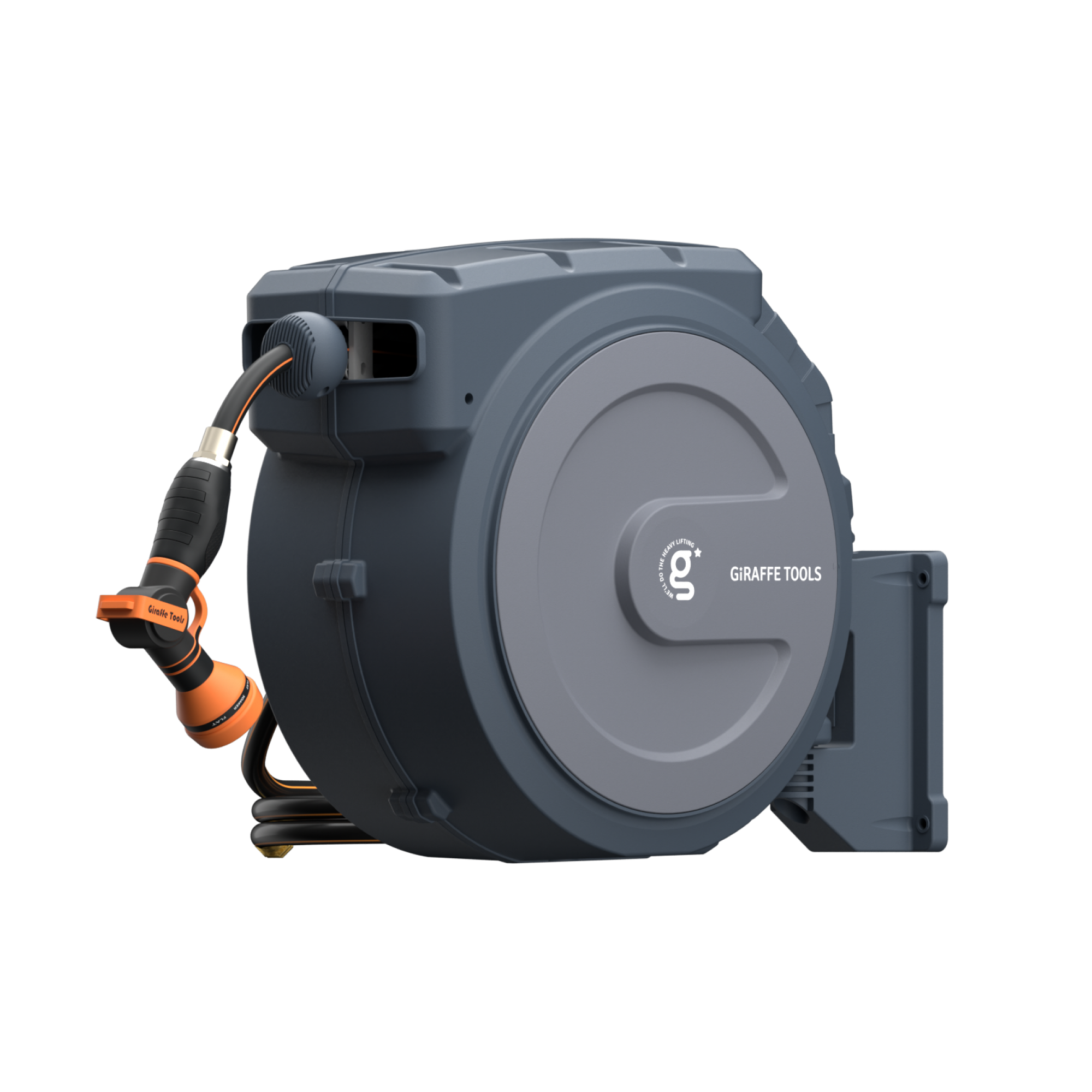 The Retractable Garden Hose Reel-1/2in-130ft from Giraffe Tools is mounted on a wall bracket, features an auto-rewind system, and comes with an orange and black nozzle attached to the gray hose.