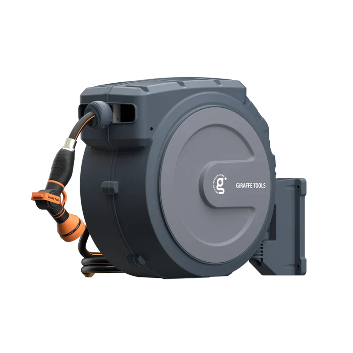 A Retractable Garden Hose Reel 62ft-155ft is mounted on a bracket, featuring a gray wall-mounted design with a hose extending from the left side and an orange nozzle attached at the end.