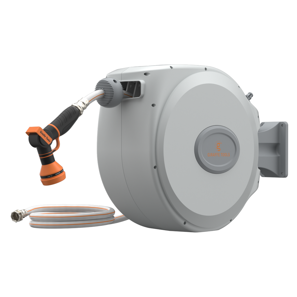 The Retractable Garden Hose Reel-5/8 in-65ft is a gray wall-mounted hose reel with auto-rewind, featuring a coiled 65-foot garden hose and an orange-black 9-mode nozzle, displayed against a plain white background.