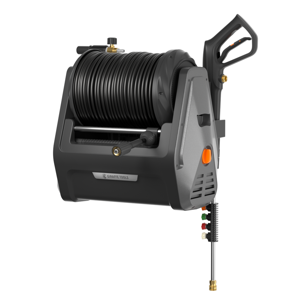 The Grandfalls Retractable Pressure Washer Essential is a black and gray hose reel with a handle, mounted spray gun, and nozzle attachments for organizing and dispensing pressure washer equipment.