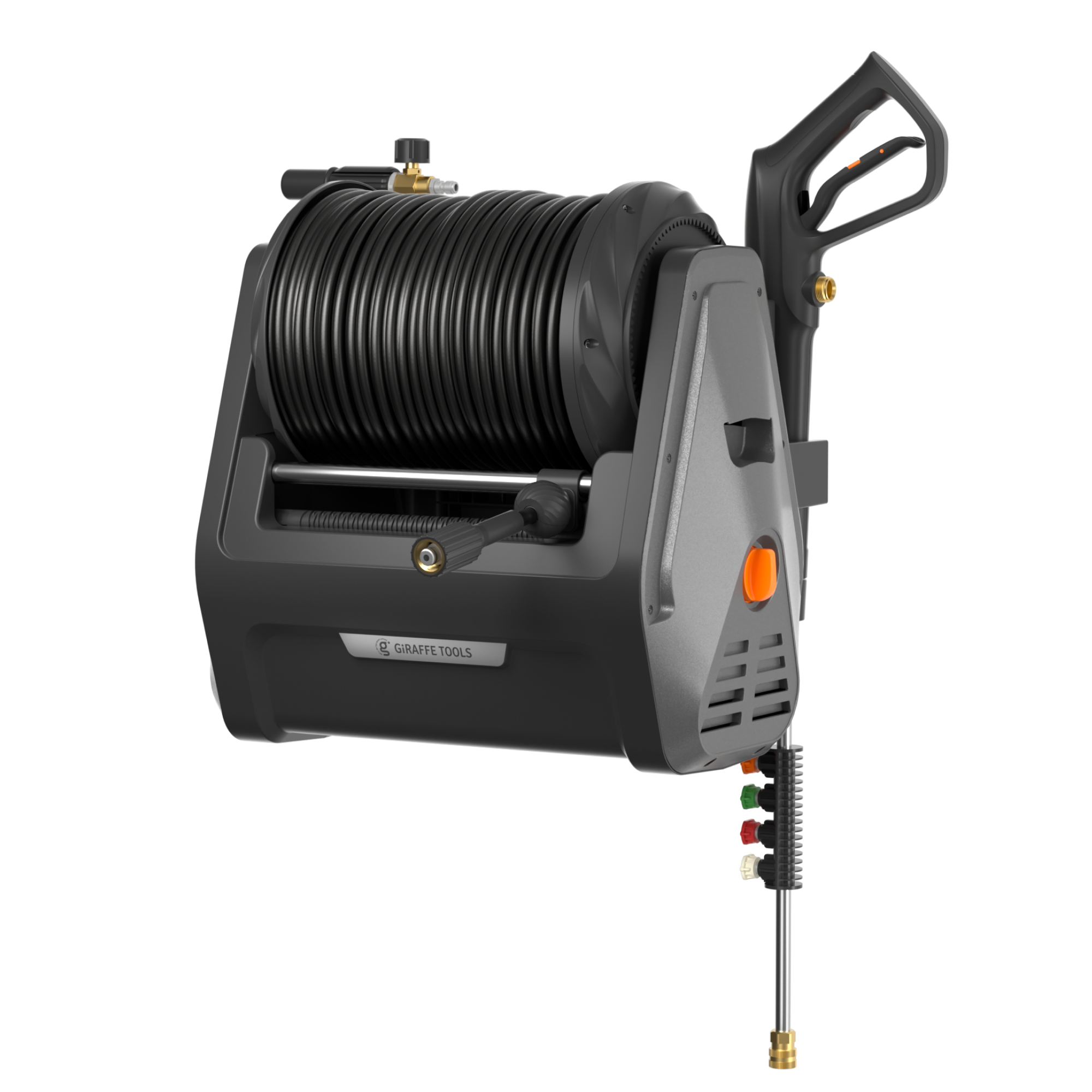 The Grandfalls Retractable Pressure Washer Essential is a black and gray hose reel with a handle, mounted spray gun, and nozzle attachments for organizing and dispensing pressure washer equipment.