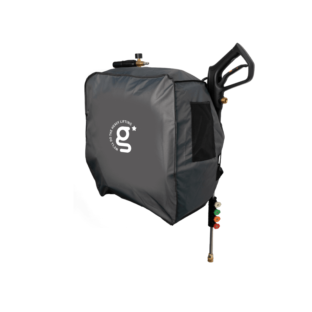 A gray Grandfalls Retractable Pressure Washer Cover with a black handle, multicolored nozzles on the wand, and a white "g" logo on the side. The background is plain white.