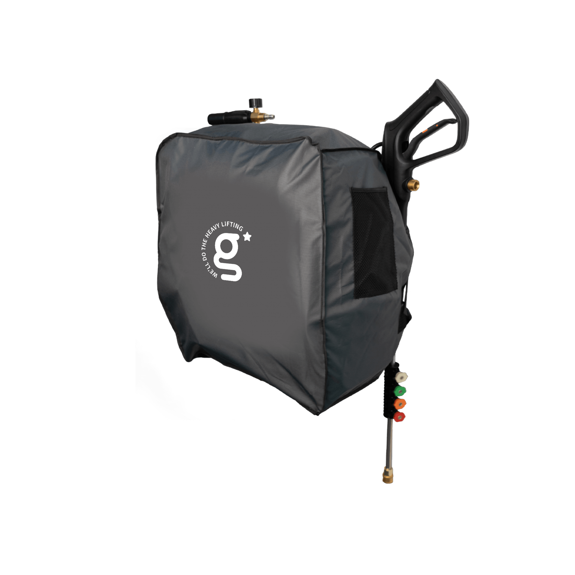 A gray Grandfalls Retractable Pressure Washer Cover with a black handle, multicolored nozzles on the wand, and a white "g" logo on the side. The background is plain white.