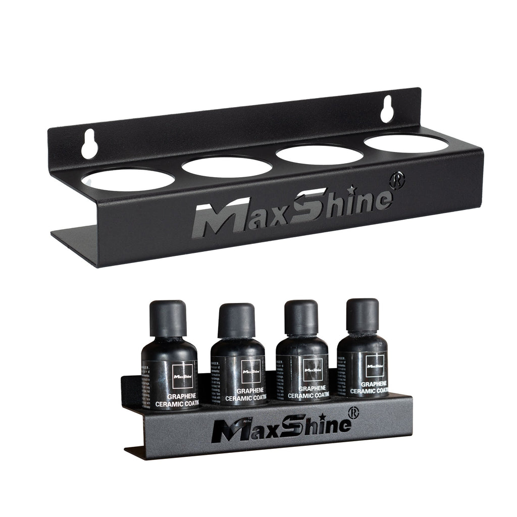 The Spray Bottle Holder | Ceramic Coating Holder securely organizes up to four 50ml-100ml bottles. One image features the empty wall-mounted holder, while another shows it neatly storing Graphene Ceramic Coating bottles.