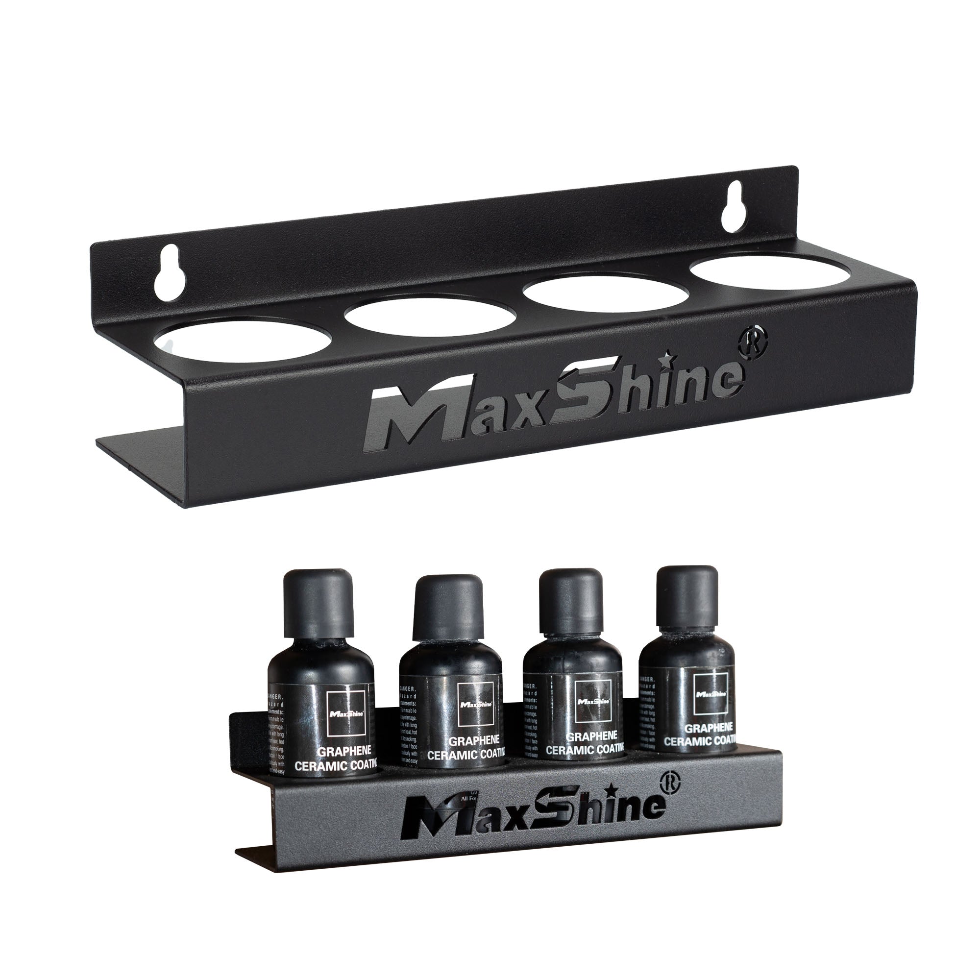 The Spray Bottle Holder | Ceramic Coating Holder securely organizes up to four 50ml-100ml bottles. One image features the empty wall-mounted holder, while another shows it neatly storing Graphene Ceramic Coating bottles.
