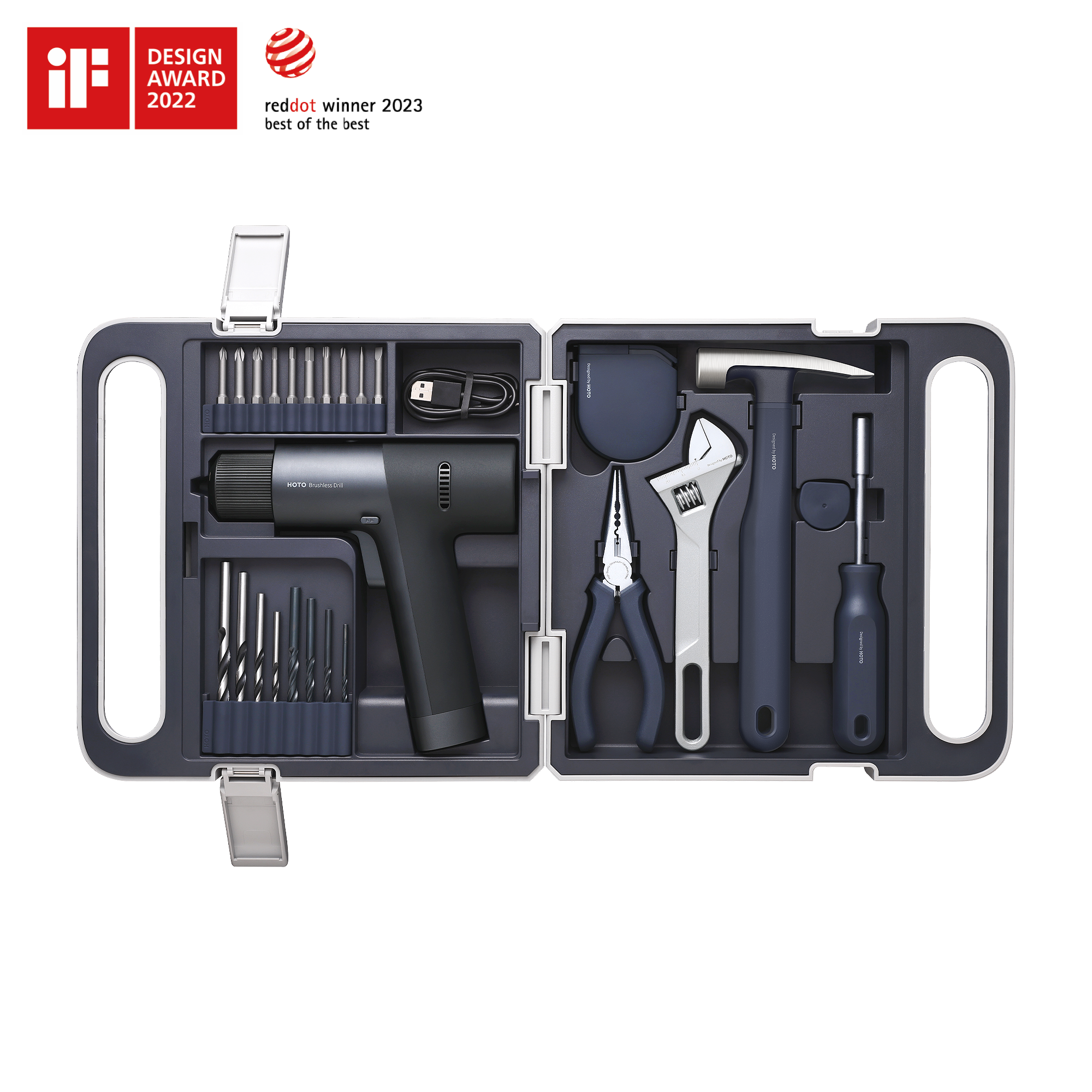 The 12V Brushless Drill Tool Set includes a cordless drill, bits, pliers, wrench, hammer, and more for DIY and home repairs—all in a neat hard case. iF and Red Dot award logos are displayed in the corner.