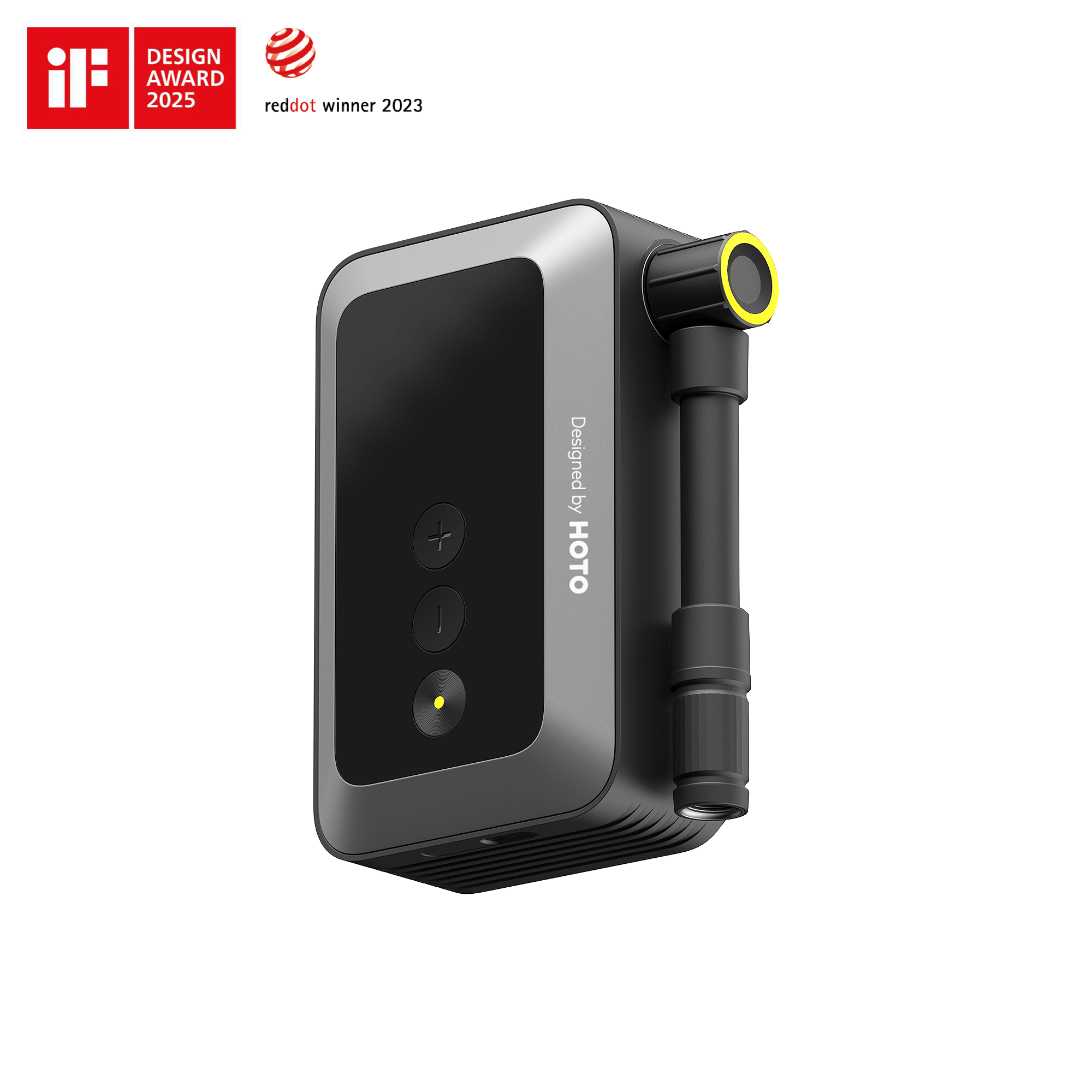 Air Pump Pocket: a compact, pocket-sized air compressor with a black front panel, two buttons, and a yellow-accented cylindrical attachment. iF Design Award 2025 and Red Dot Winner 2023 logos appear in the top left corner.