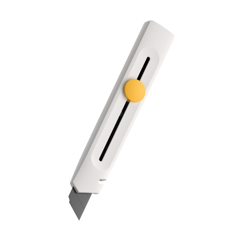 A Box Cutter featuring a yellow sliding button, metallic guide rails, and a partially exposed silver blade is shown against a plain light gray background.