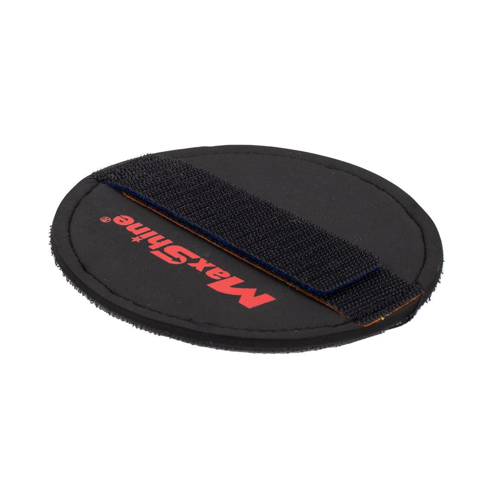 The Hand Polishing Pad Holder is round and black with a red Maxshine logo and a hook-and-loop strap for secure grip, shown on a white background.