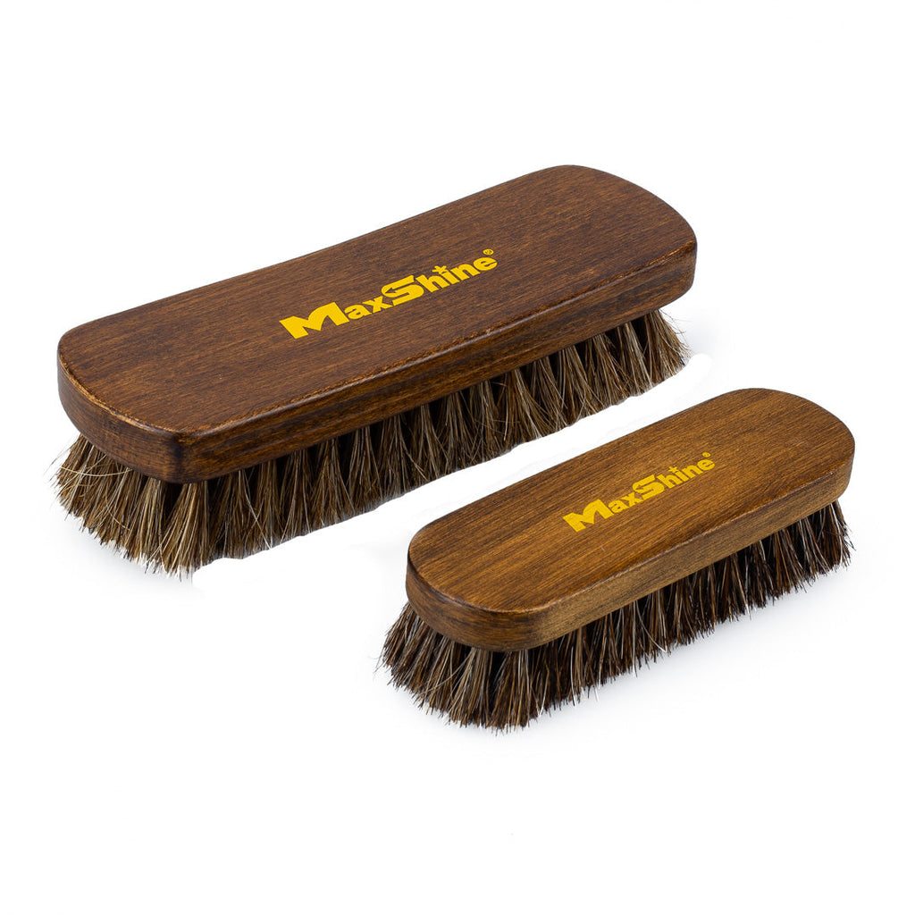 Two MaxShine Horse Hair Brushes for Cleaning Upholstery with dark bristles and yellow-branded wooden handles are displayed side by side on a white background.