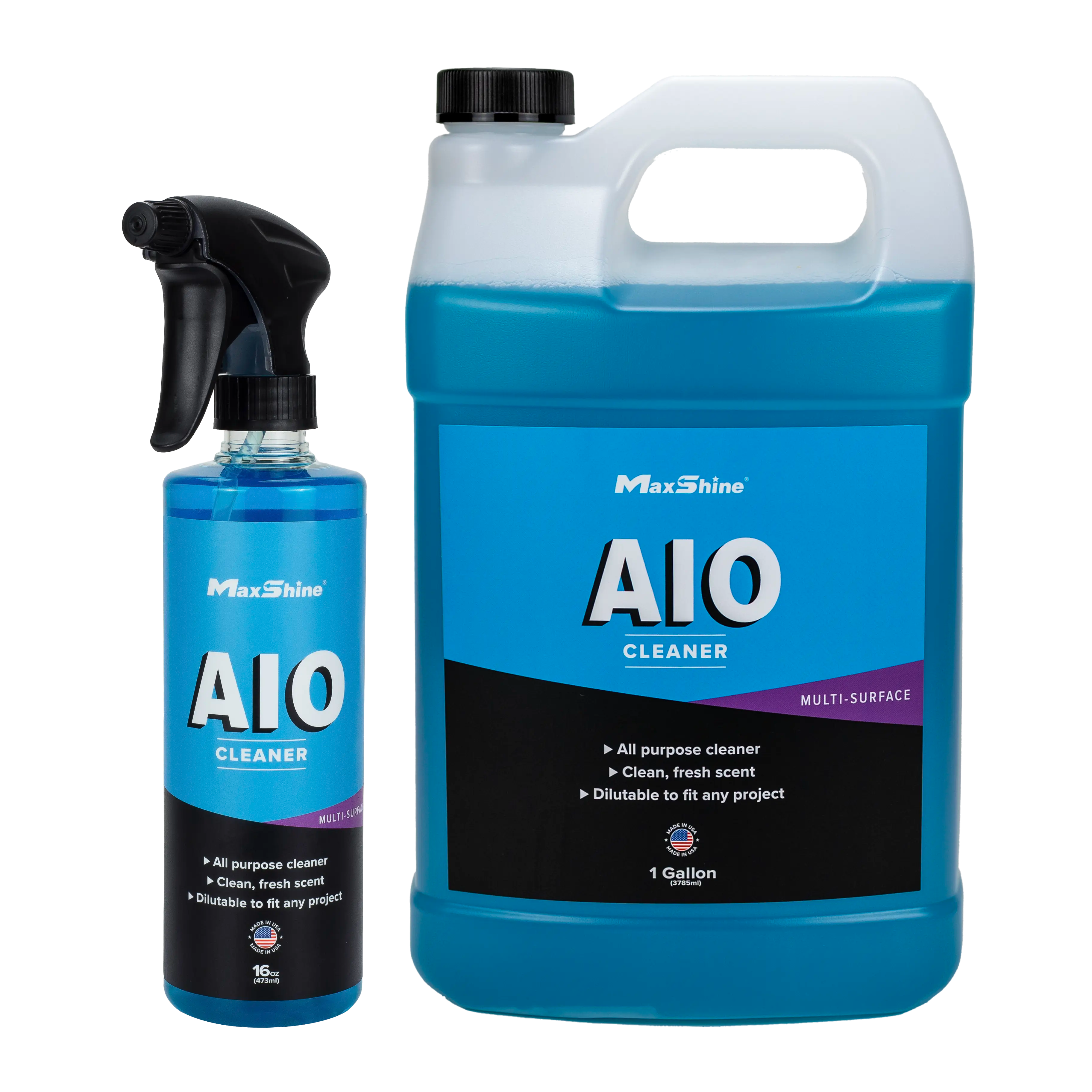 Two bottles of MaxShine Interior Car Cleaner | AIO Cleaner (16oz spray and 1gal jug) with blue liquid are shown. Labels highlight their all-in-one car cleaning for multiple surfaces, offering a clean, fresh scent—ideal for detailing.