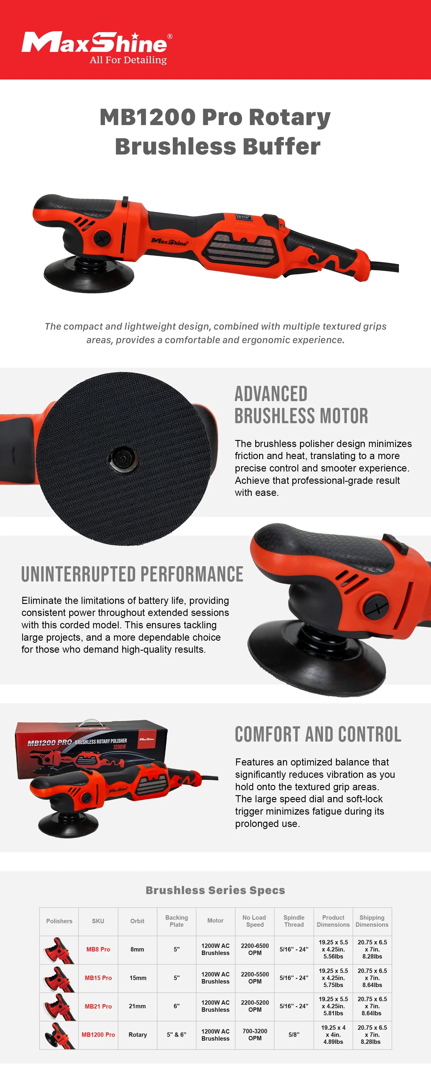 MB1200 Pro Brushless Rotary Polisher | 1200W Motor, 5”/6” Plate, 6-Speed, 5/8” Thread