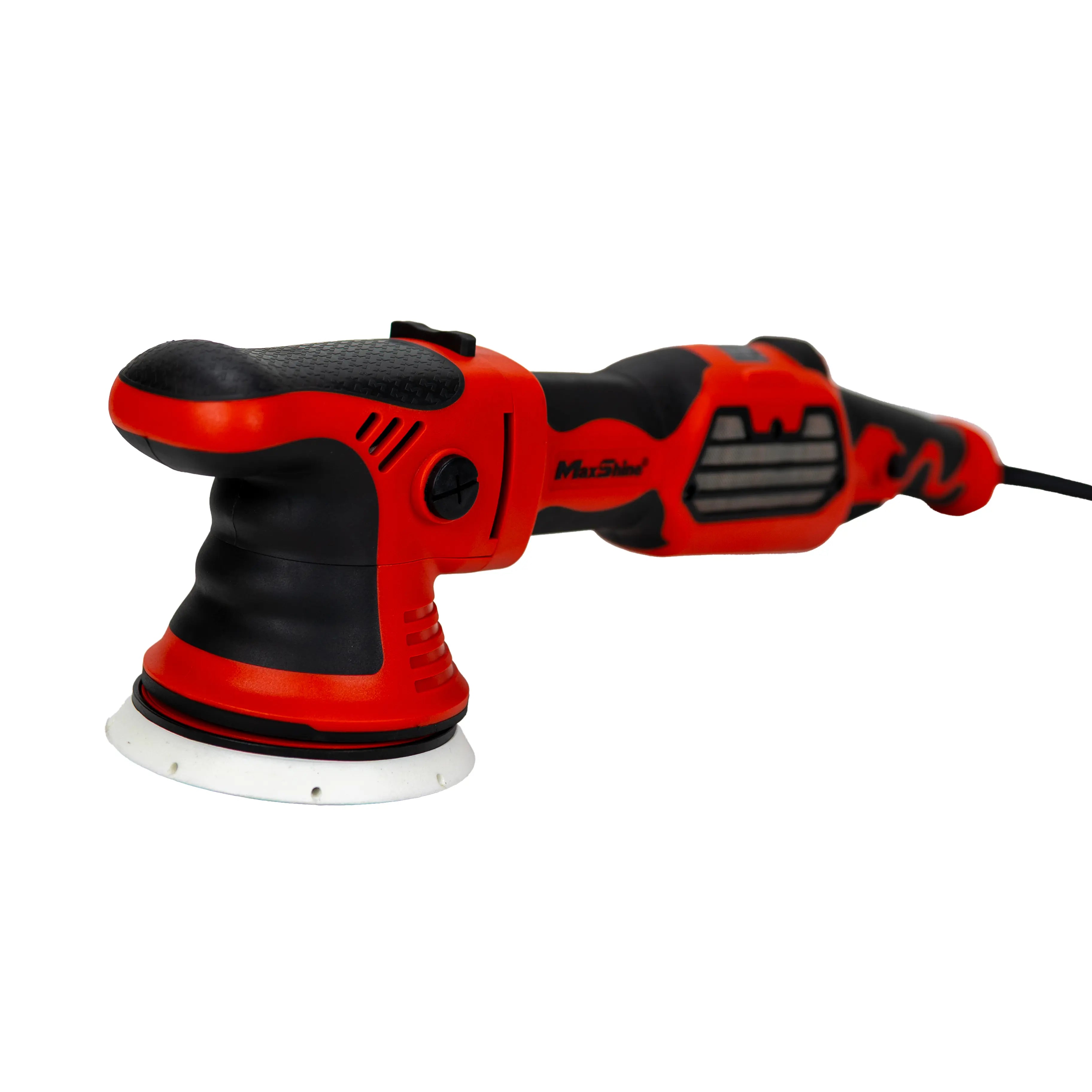 The MB15 Pro 15mm Dual Action Brushless Polisher is a red and black electric handheld tool with a round white sanding pad and a power cord extending from the back.