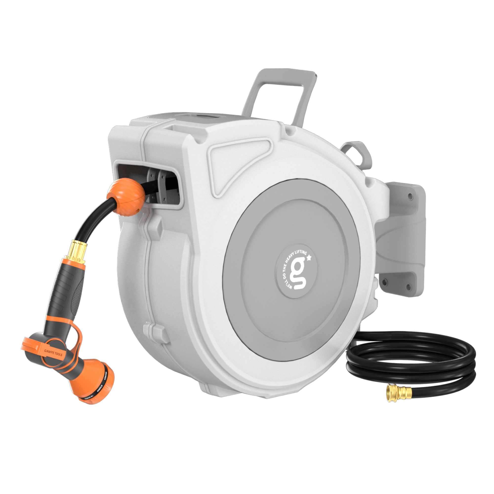 The Retractable Garden Hose Reel-1/2 in-65ft, with a gray wall-mounted case, includes an orange and black multi-function nozzle and a separate coiled black hose with brass fitting, all displayed against a white background.