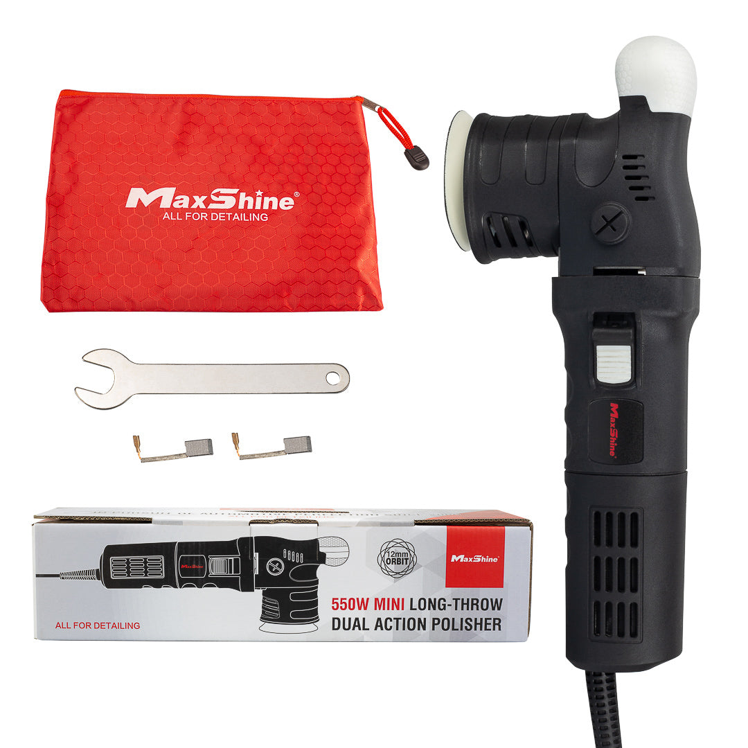 A black [Open Box] M312 mini dual action polisher (3in plate, 12mm throw, 550W) comes with a white pad, red bag, wrench, two carbon brushes, and product box for precision polishing.