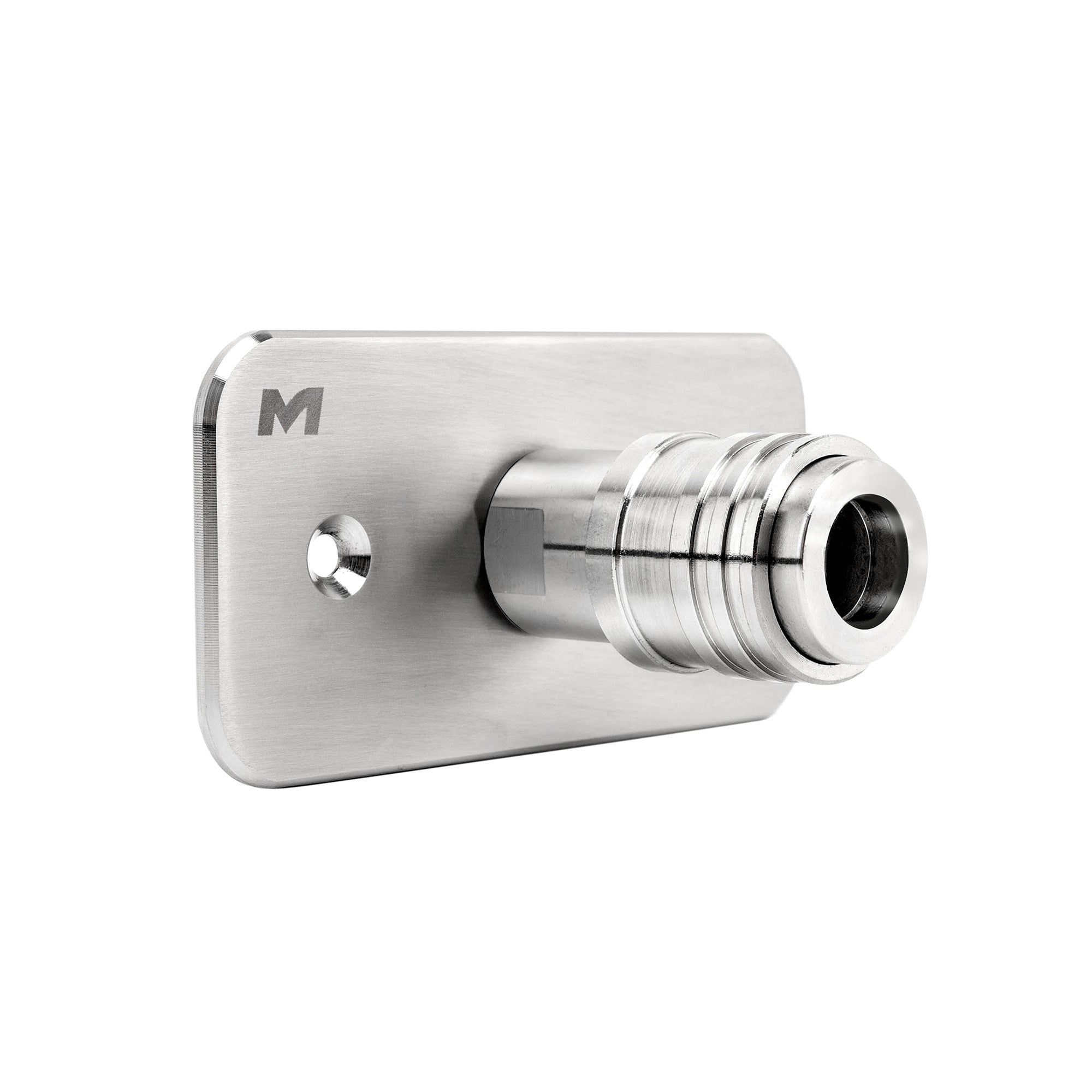 The Auto-Lock Quick Connect Foam Cannon Wall Mount features a cylindrical hose connector, quick connect, mounting hole, and an engraved M logo on its brushed metal surface—perfect for any detailing space.