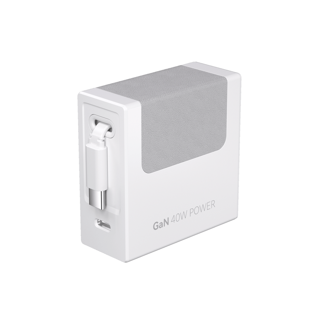 The Gitryin Retractable 40W Charger for 3C Devices is a white, rectangular GaN charger with a gray textured panel, foldable plug, and side USB-C port, displayed on a plain white background.