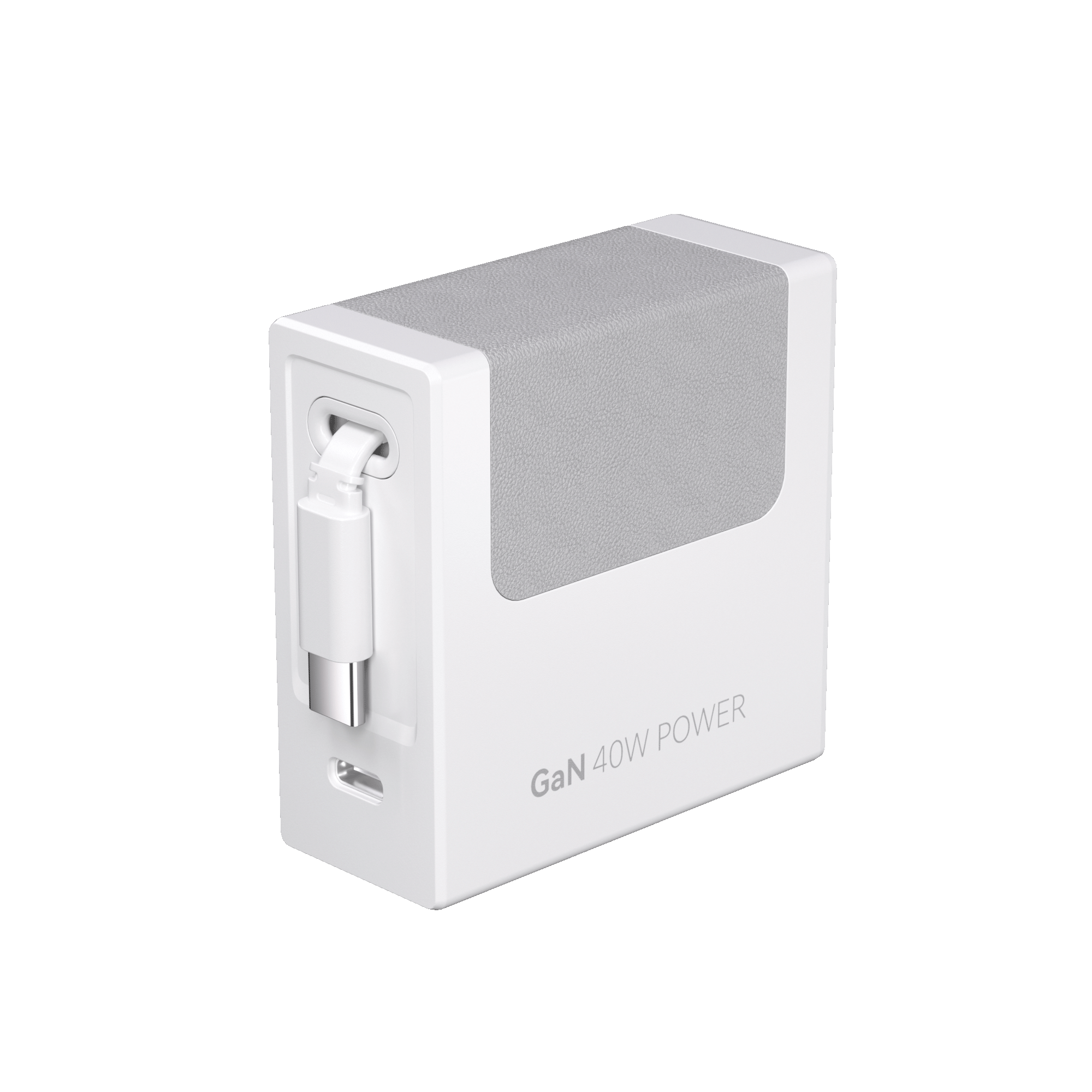 The Gitryin Retractable 40W Charger for 3C Devices is a white, rectangular GaN charger with a gray textured panel, foldable plug, and side USB-C port, displayed on a plain white background.