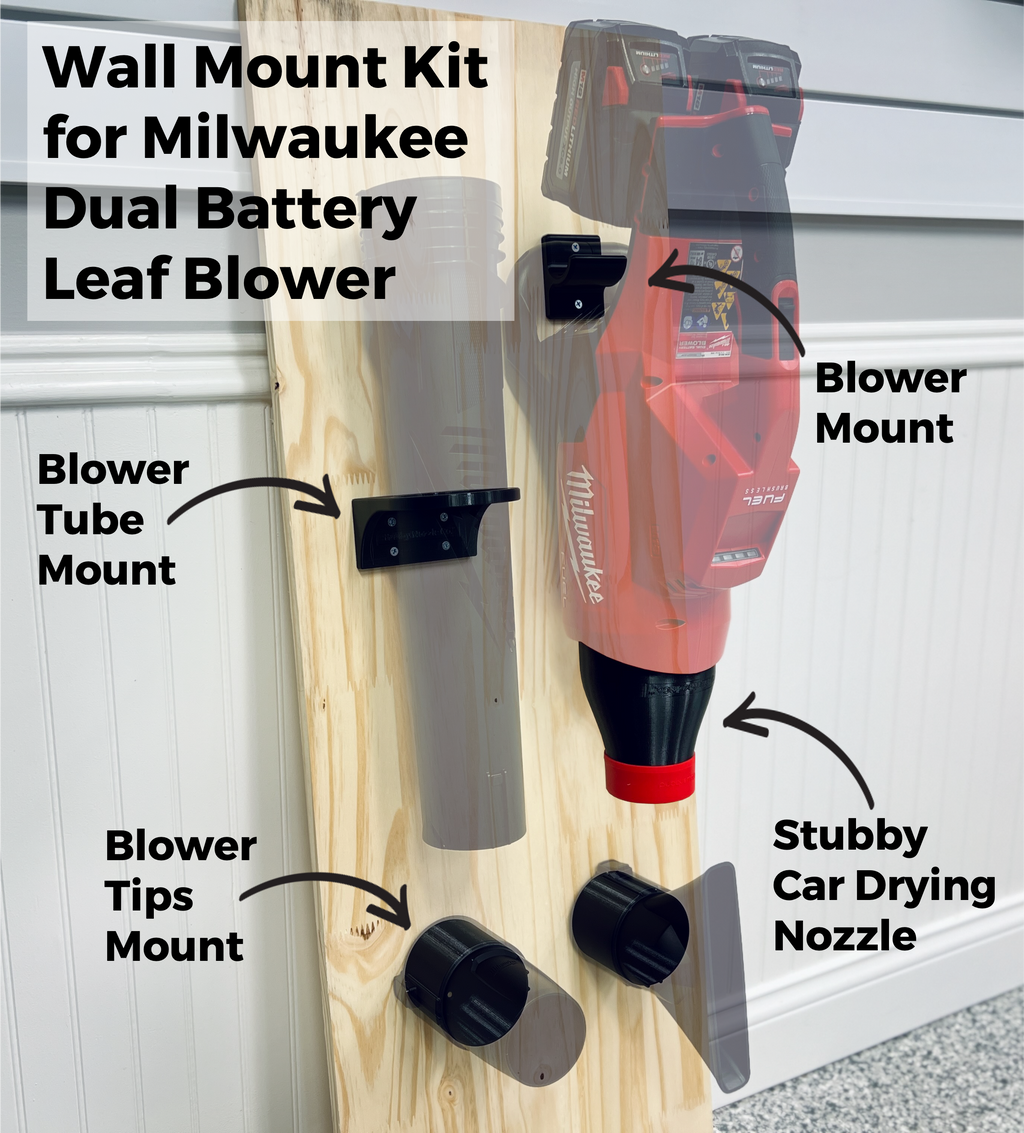 The Wall Mount Kit for Milwaukee M18 FUEL Dual Battery Leaf Blower (2824-20) organizes your blower, tube, tips, and stubby car drying nozzle on a labeled wooden board for tidy storage.