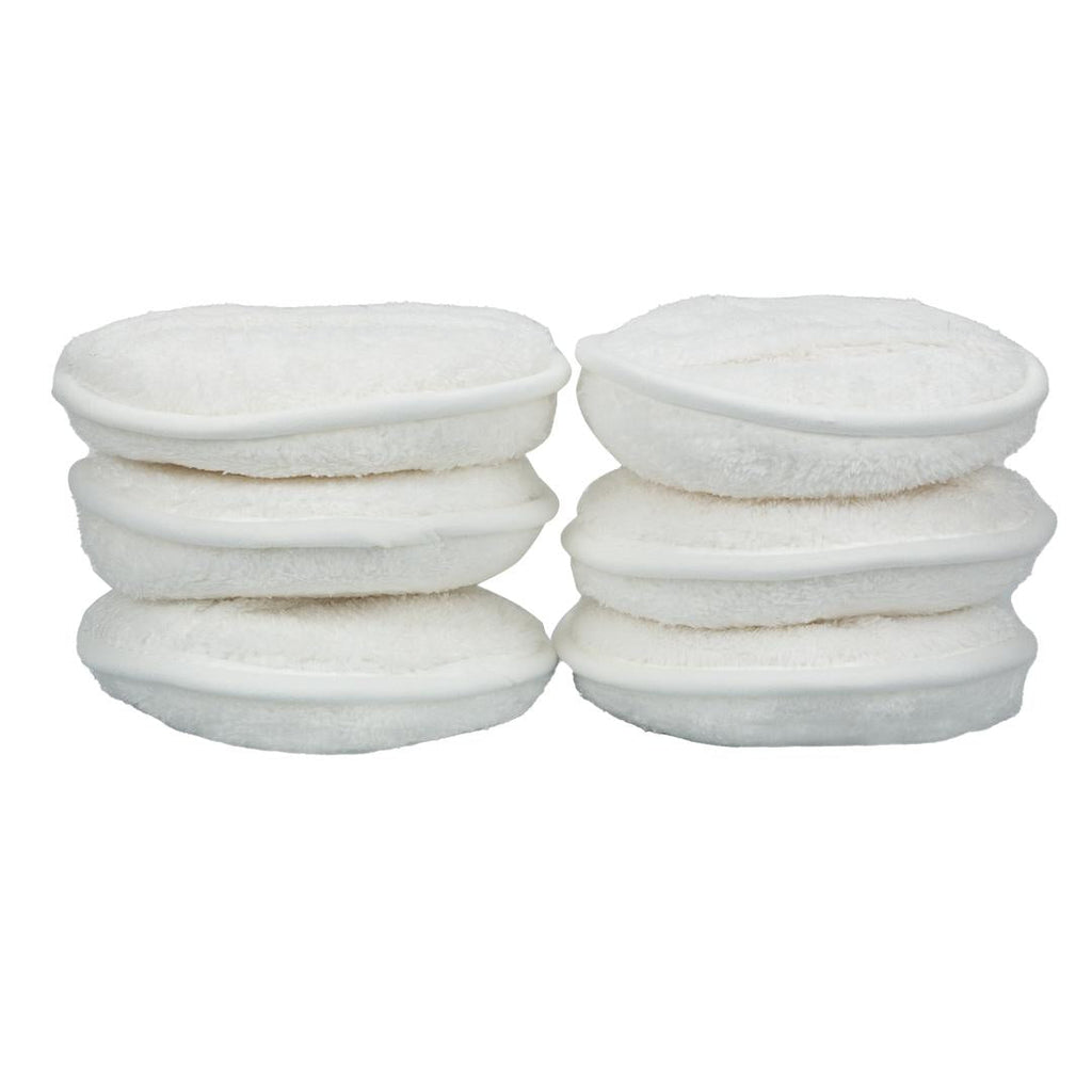 Six Pocket Grip Plush Microfiber Applicator Pads, white and round with a soft, thick, slightly textured surface and smooth edges, are arranged in two rows of three on a plain white background. This is the 6 Pack set.
